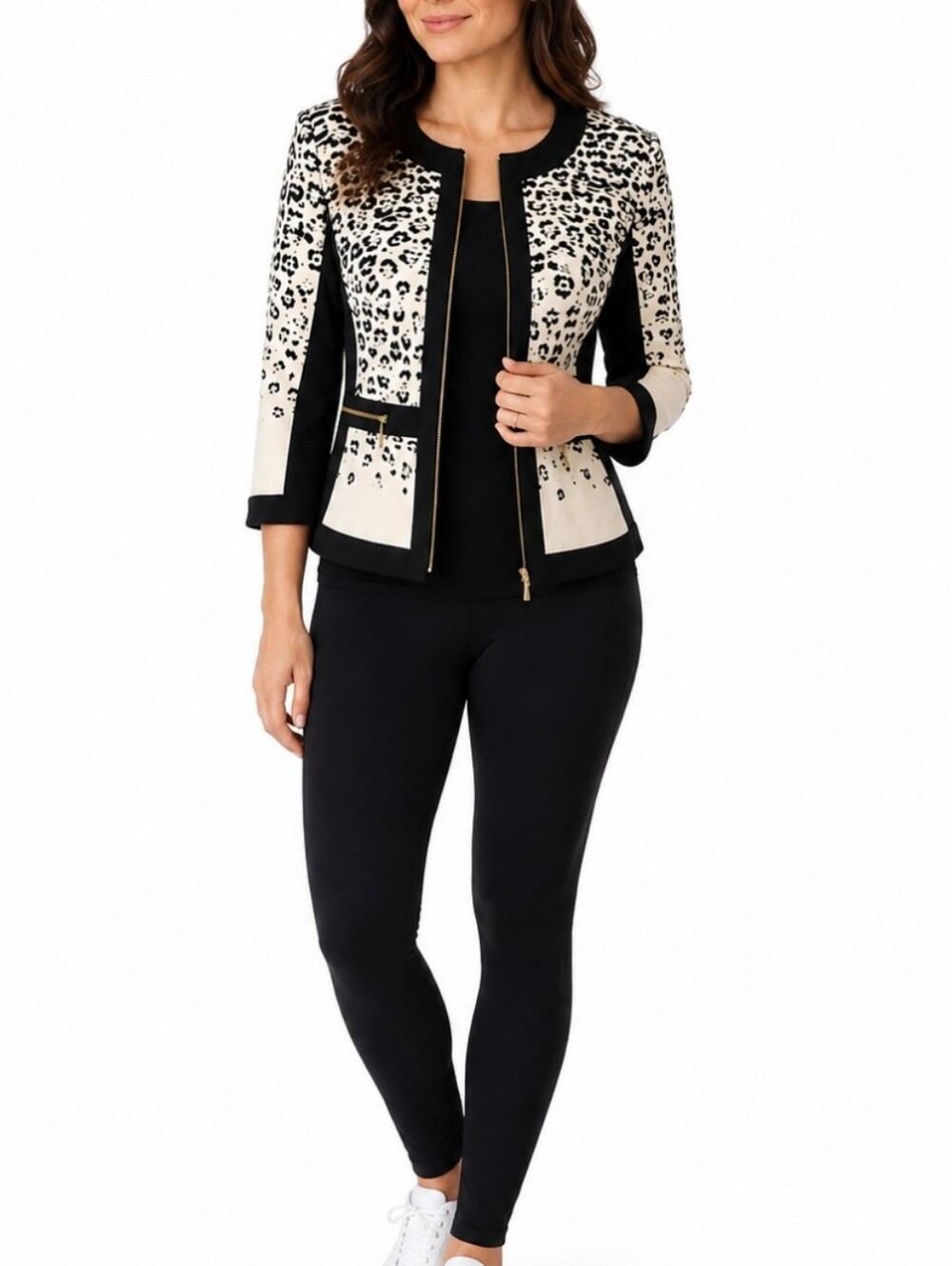 Joseph Ribkoff Leopard Print Jacket 3/4 Sleeve Zip Front Gold Accent